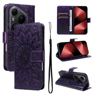 For Huawei Pura 80 Pro 5G Embossed Sunflower Pattern Flip Leather Phone Case(Purple)