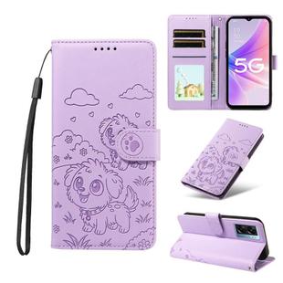 For OPPO A57 4G / 5G 2022 Global Embossed Heart Dog RFID Blocking Wallet Leather Phone Case(Purple)