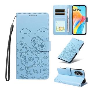 For OPPO A58 4G Embossed Heart Dog RFID Blocking Wallet Leather Phone Case(Sky Blue)