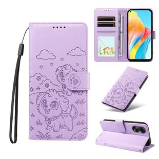 For OPPO A78 4G Embossed Heart Dog RFID Blocking Wallet Leather Phone Case(Purple)