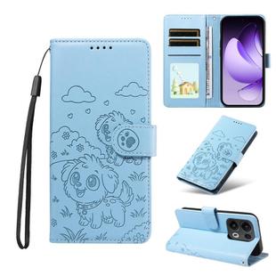 For OPPO Reno13 Pro Global Embossed Heart Dog RFID Blocking Wallet Leather Phone Case(Sky Blue)