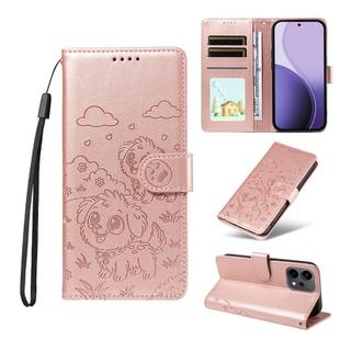 For OPPO Reno14 5G /14 F Global Embossed Heart Dog RFID Blocking Wallet Leather Phone Case(Rose Gold)