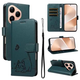 For Huawei Pura 80 5G Adorable Cat Embossed Pattern Flip Leather Phone Case(Dark Green)