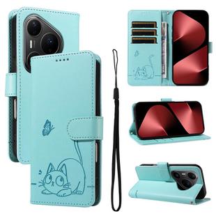 For Huawei Pura 80 Pro 5G Adorable Cat Embossed Pattern Flip Leather Phone Case(Green)