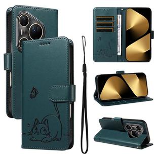 For Huawei Pura 80 Ultra 5G Adorable Cat Embossed Pattern Flip Leather Phone Case(Dark Green)