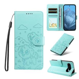 For Google Pixel 10 Pro XL / 9 Pro XL Embossed Heart Dog RFID Blocking Wallet Leather Phone Case(Green)