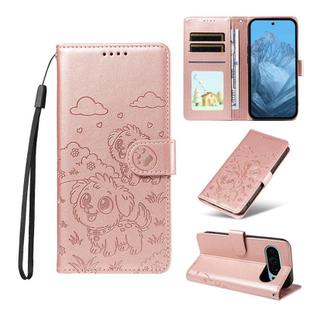 For Google Pixel 10 Pro XL / 9 Pro XL Embossed Heart Dog RFID Blocking Wallet Leather Phone Case(Rose Gold)