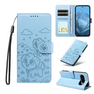 For Google Pixel 10 Pro XL / 9 Pro XL Embossed Heart Dog RFID Blocking Wallet Leather Phone Case(Sky Blue)
