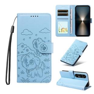For Sony Xperia 1 VII 2025 Embossed Heart Dog RFID Blocking Wallet Leather Phone Case(Sky Blue)