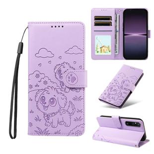 For Sony Xperia 1 V 2023 Embossed Heart Dog RFID Blocking Wallet Leather Phone Case(Purple)