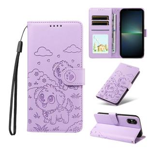 For Sony Xperia 5 VI 2024 Embossed Heart Dog RFID Blocking Wallet Leather Phone Case(Purple)