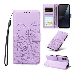 For Sony Xperia 10 VI 2024 Embossed Heart Dog RFID Blocking Wallet Leather Phone Case(Purple)