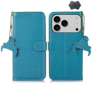 For iPhone 17 Pro Max Genuine Leather Litchi Texture RFID Leather Phone Case(Blue)