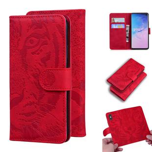 For Samsung Galaxy S10 Tiger Embossing Pattern Horizontal Flip Leather Case with Holder & Card Slots & Wallet(Red)