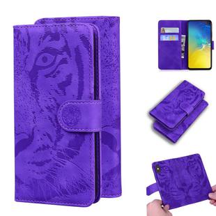 For Samsung Galaxy S10e Tiger Embossing Pattern Horizontal Flip Leather Case with Holder & Card Slots & Wallet(Purple)