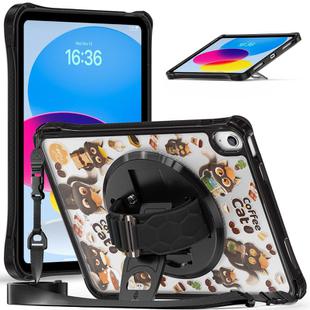 For iPad 2025 / 2022 DIY Pattern Rotation Grip Holder Clear PC Hydric TPU Tablet Case with Shoulder Strap(Black Cats)