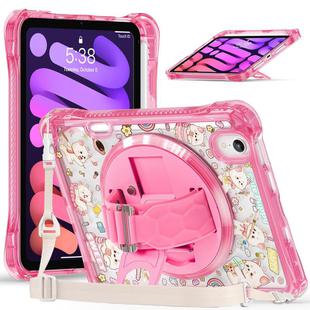 For iPad mini 2024 / mini 6 DIY Pattern Rotation Grip Holder Clear PC Hydric TPU Tablet Case with Shoulder Strap(Pink Dogs)