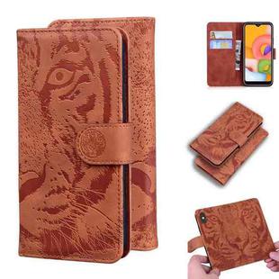 For Samsung Galaxy A01 Tiger Embossing Pattern Horizontal Flip Leather Case with Holder & Card Slots & Wallet(Brown)