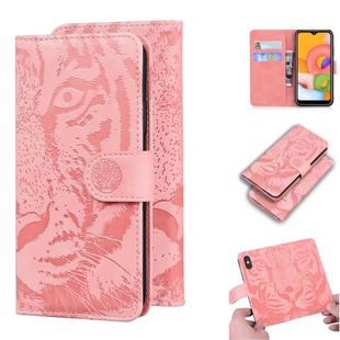 For Samsung Galaxy A01 Tiger Embossing Pattern Horizontal Flip Leather Case with Holder & Card Slots & Wallet(Pink)