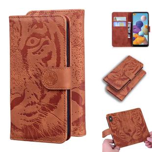 For Samsung Galaxy A21 Tiger Embossing Pattern Horizontal Flip Leather Case with Holder & Card Slots & Wallet(Brown)