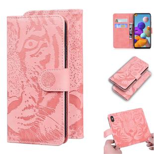 For Samsung Galaxy A21s Tiger Embossing Pattern Horizontal Flip Leather Case with Holder & Card Slots & Wallet(Pink)