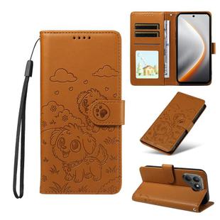 For Tecno Pova 7 4G Embossed Heart Dog RFID Blocking Wallet Leather Phone Case(Brown)