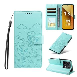 For Redmi Note 13 5G Embossed Heart Dog RFID Blocking Wallet Leather Phone Case(Green)