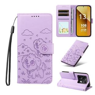 For Redmi Note 13 5G Embossed Heart Dog RFID Blocking Wallet Leather Phone Case(Purple)