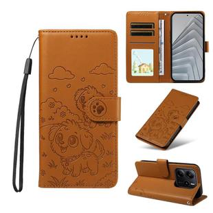 For Redmi Note 14 4G 163.25mm Embossed Heart Dog RFID Blocking Wallet Leather Phone Case(Brown)