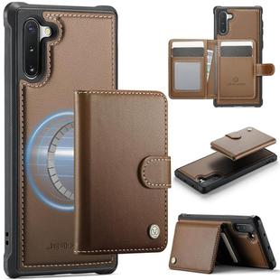 For Samsung Galaxy Note10 JEEHOOD J09 Buckle Card Bag MagSafe Magnetic Style RFID Leather Phone Case(Brown)