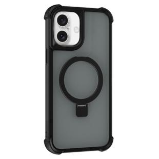 For iPhone 16 Plus Four-corner Shockproof MagSafe Holder Phone Case(Black)
