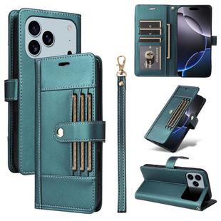 For iPhone 17 Pro Max Six Card Slots Buckle Leather Phone Case with Lanyard(Green)