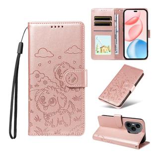 For Honor 400 Pro Global 160.8mm Embossed Heart Dog RFID Blocking Wallet Leather Phone Case(Rose Gold)