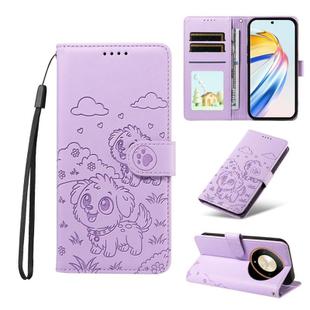 For Honor Magic 6 Lite / X9b / X50 Embossed Heart Dog RFID Blocking Wallet Leather Phone Case(Purple)