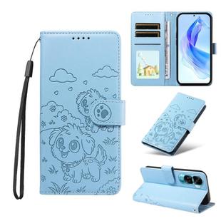 For Honor 90 Lite / X50i 5G Embossed Heart Dog RFID Blocking Wallet Leather Phone Case(Sky Blue)