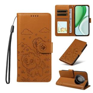 For Honor X70 5G Embossed Heart Dog RFID Blocking Wallet Leather Phone Case(Brown)