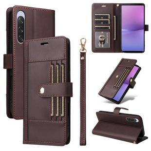 For Sony Xperia 10 V Six Card Slots Buckle Leather Phone Case with Lanyard(Coffee)