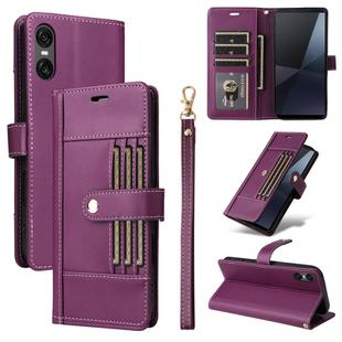 For Sony Xperia 10 VI Six Card Slots Buckle Leather Phone Case with Lanyard(Purple)