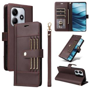 For Redmi Note 14 4G 163.25mm Six Card Slots Buckle Leather Phone Case with Lanyard(Coffee)