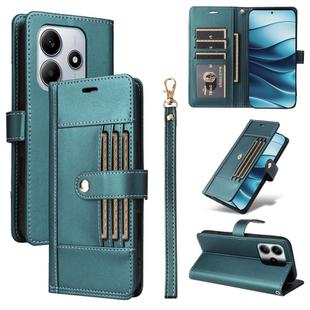 For Redmi Note 14 4G 163.25mm Six Card Slots Buckle Leather Phone Case with Lanyard(Green)