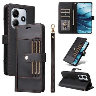 For Redmi Note 14 4G 164.84mm Six Card Slots Buckle Leather Phone Case with Lanyard(Black)