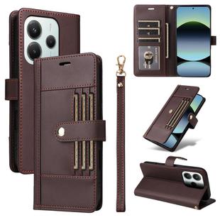 For Redmi Note 14 5G Six Card Slots Buckle Leather Phone Case with Lanyard(Coffee)