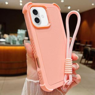 For iPhone 16 Solid Color TPU Hybrid PC Shockproof Phone Case with Wrist Strap(Pink)