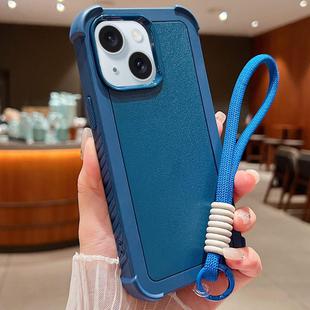 For iPhone 15 Plus Solid Color TPU Hybrid PC Shockproof Phone Case with Wrist Strap(Blue)