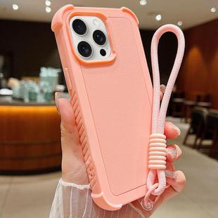 For iPhone 14 Pro Max Solid Color TPU Hybrid PC Shockproof Phone Case with Wrist Strap(Pink)