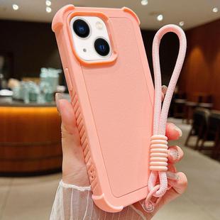 For iPhone 13 Solid Color TPU Hybrid PC Shockproof Phone Case with Wrist Strap(Pink)