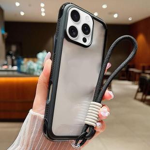 For iPhone 16 Pro Max Solid Color Edge Transparency Acrylic TPU Phone Case with Wrist Strap(Black)