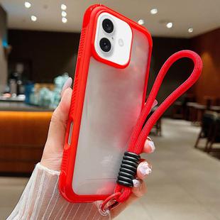 For iPhone 16 Plus Solid Color Edge Transparency Acrylic TPU Phone Case with Wrist Strap(Red)