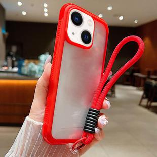 For iPhone 14 Plus / 15 Plus Solid Color Edge Transparency Acrylic TPU Phone Case with Wrist Strap(Red)