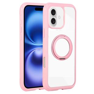 For iPhone 16 Plus Solid Color Edge Transparency Rotation Holder MagSafe Phone Case(Pink)
